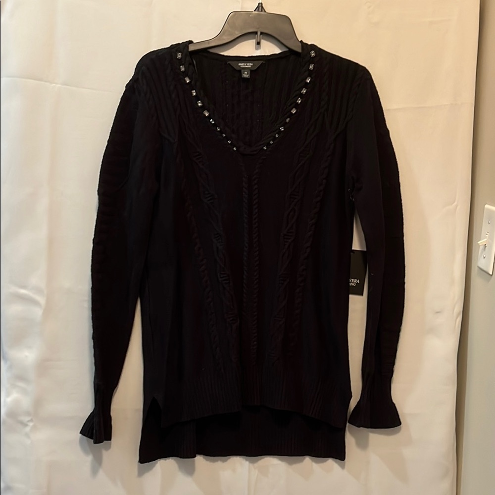 Simply Vera Vera Wang Black V-Neck Sweater with Embellished Neckline NWT size M